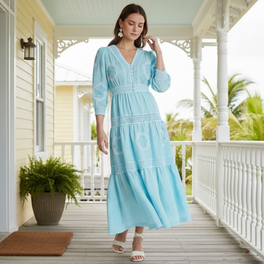 NEW TYLER BOE Celia Embroidered Long Sleeve Maxi Dress Medium